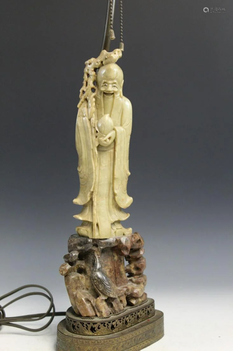 Chinese Carved Soapstone Shoulao Statue Lamp