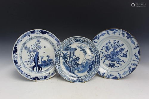 Three Chinese Export Blue and White Dishes