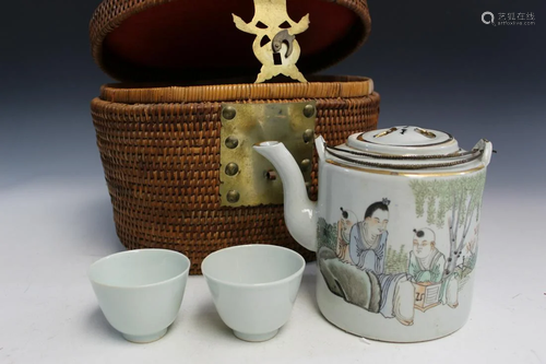 Chinese Porcelain Teapot and cups in basket