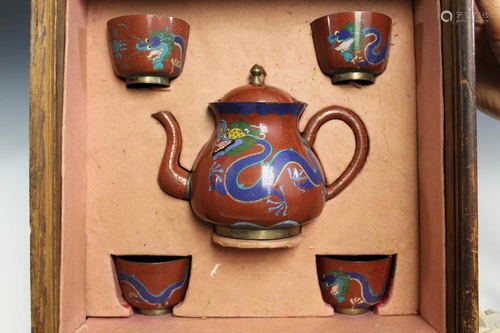 Chinese Cloisonne Teapot and Cups Set in Wood Box