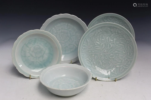 Five Asian Celadon Porcelain Dishes