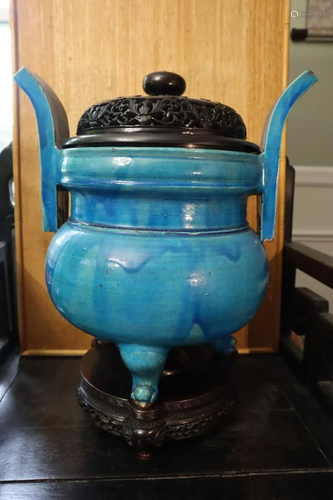 Chinese blue glazed porcelain incense burner on wood