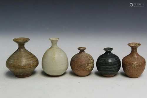 Five Small Pottery Vases