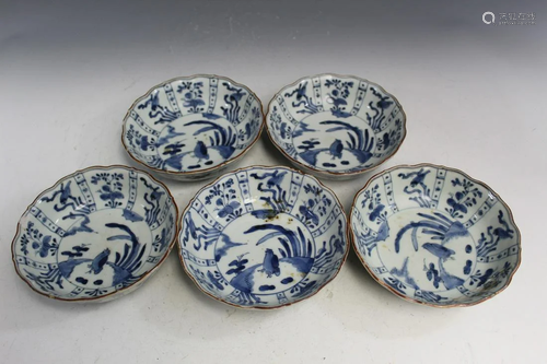 Five Japanese Blue and White Porcelain Bowls.