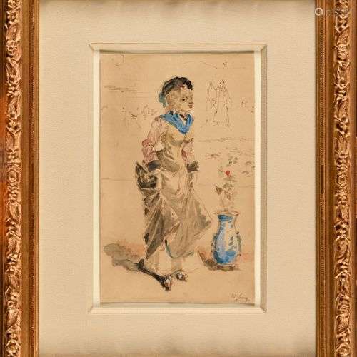 HENRY SOMM (1844-1907) Jeune fille près de la potiche fleuri...