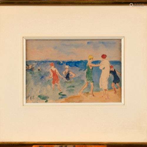 GEORGES D’ESPAGNAT (1870-1950) Plage animée Aquarelle Signé ...