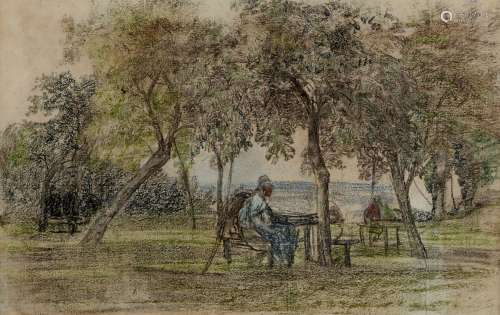 EUGÈNE BOUDIN (1824-1898) Femme dans le jardin de la ferme S...