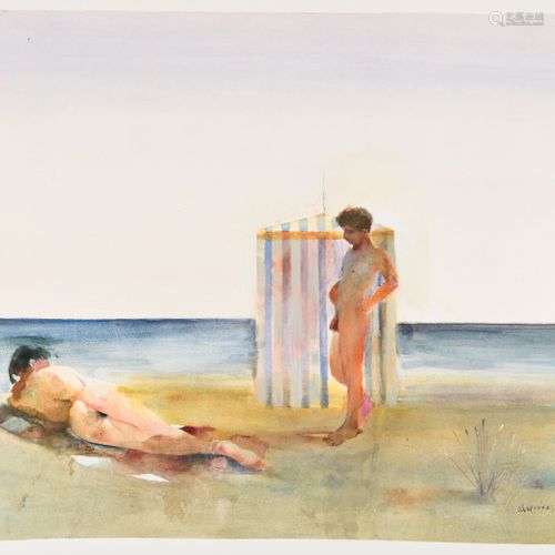 ALEXANDROS VEROUKAS (NE EN 1968) Couple sur une plage Aquare...