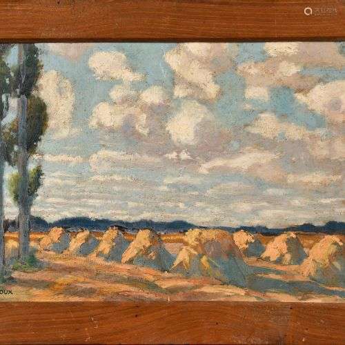 RENÉ ROUX (1891-1952) Les meules de foin Huile sur panneau S...