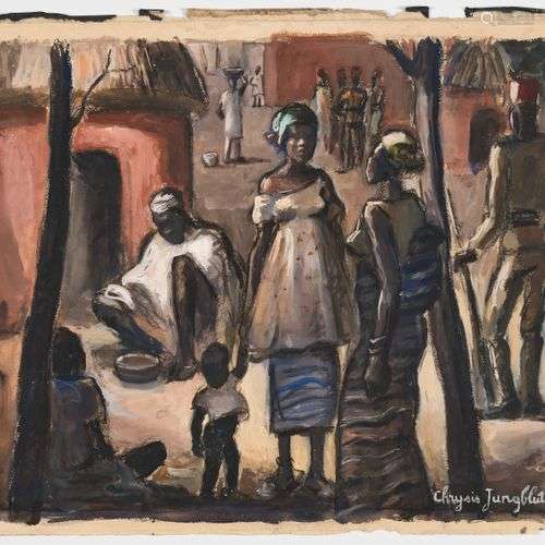 CHRYSIS JUNGBLUTH (1907-1989) Scène de Village en Afrique Go...