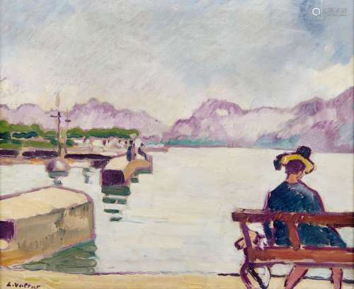 LOUIS VALTAT (1869-1952) Le lac du Bourget, femme assise sur...