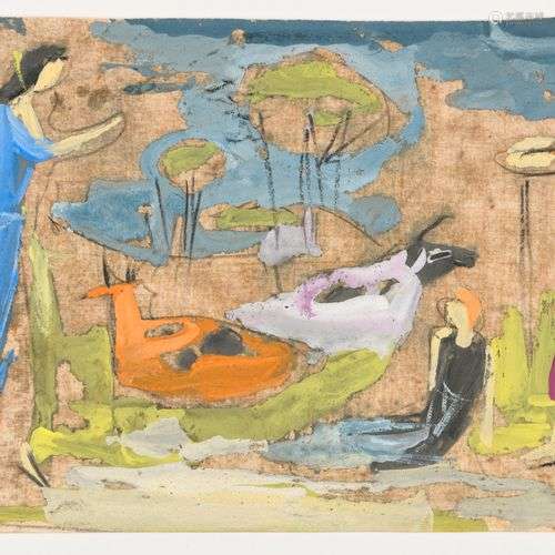 FÉLIX VARLA (1903-1986) Personnages et animaux Gouache, fusa...