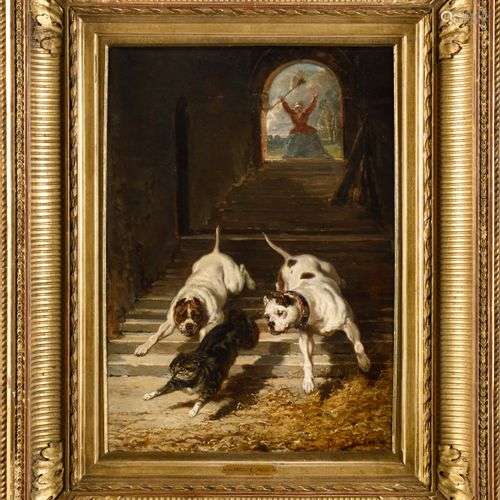 ALFRED DE DREUX (1810-1860) Chiens et chat Huile sur toile S...