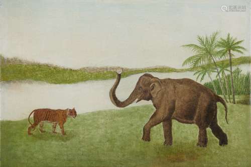 ANDRE BAUCHANT (1873-1958) Tigre et éléphant, 1920 Huile sur...