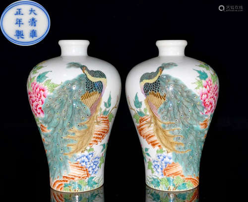 PAIR OF YONGZHENG MARK MEI VASES