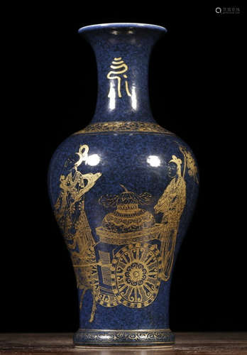 BLUE GLAZE OUTLINE IN GOLD VASE