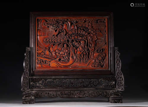 ZITAN WOOD CARVED FIGURE PATTERN AUSPICIOUS SCREEN