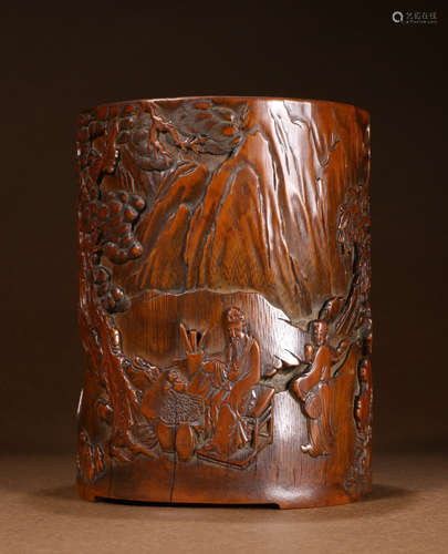 BAMBOO CARVED FIGURE PATTERN BRUSH POT