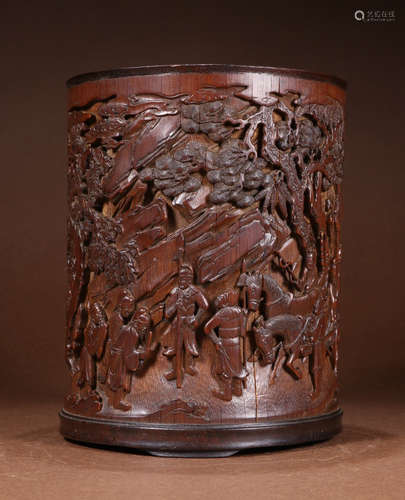 BAMBOO CARVED FIGURE PATTERN BRUSH POT