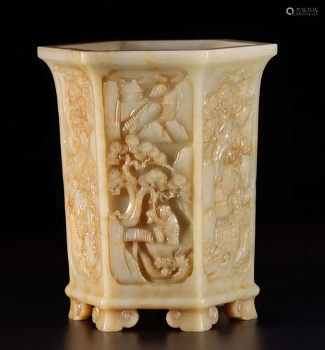 HETIAN JADE CARVED LANDSCAPE PATTERN BRUSH POT