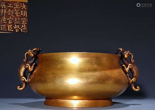 GILT BRONZE CAST DOUBLE EAR VASE