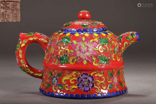 WUYUETINGZHI MARK ZISHA ENAMELED GLAZE FLORAL PATTERN TEAPOT