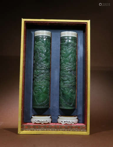 PAIR OF HETIAN JASPER CARVED INCENSE TUBE