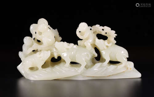 HETIAN JADE CARVED COW&KID PENDANT