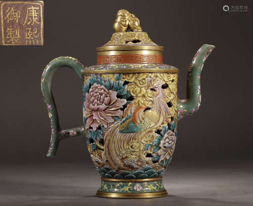 KANGXI MARK ZISHA ENAMELED GLAZE CARVED POT