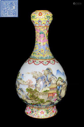 QIANLONG MARK YELLOW GLAZE VASE WITH LANDSCAPE PATTERN