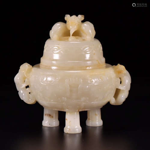 HETIAN JADE CARVED DRAGON EARS CENSER