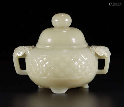 HETIAN JADE CARVED DOUBLE EAR CENSER