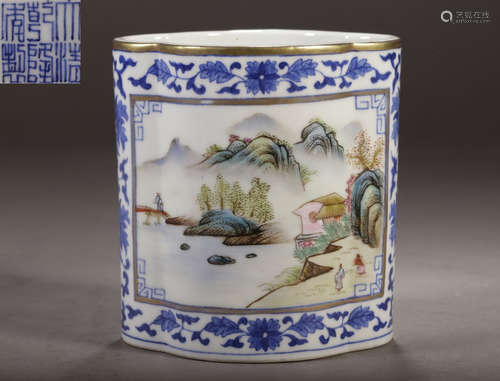 QIANLONG MARK BLUE&WHITE GLAZE BRUSH POT