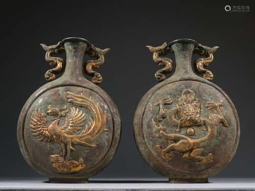 PAIR OF GILT SILVER CAST DRAGON PATTERN VASES