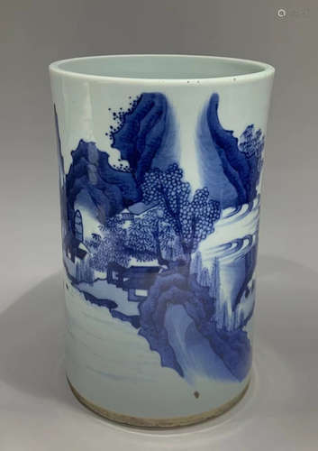 BLUE&WHITE GLAZE LANDSCAPE PATTERN BRUSH POT