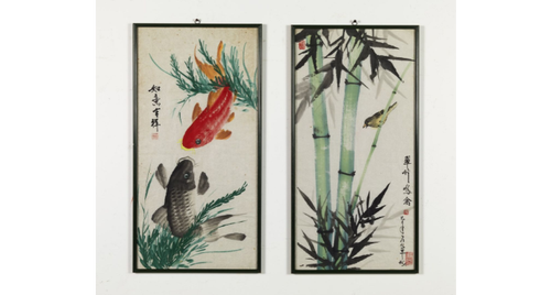 Arte Cinese A pair of paintings on paper depicting a bamboo ...