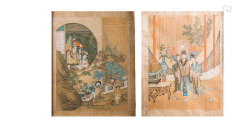 Arte Cinese A pair of paintings on silk depicting courtly sc...