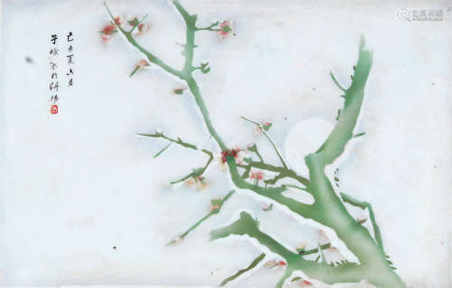六十年代 釉上彩蘭花掛屏 
