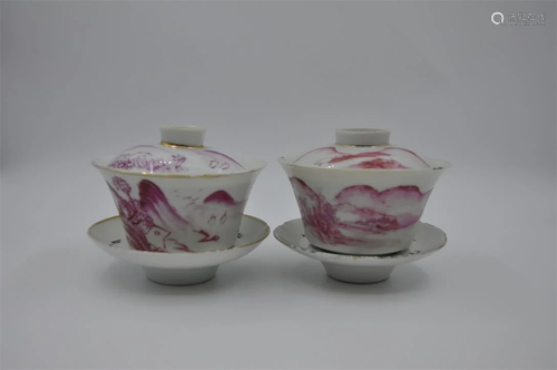 Two sets of rouge black tea bowls