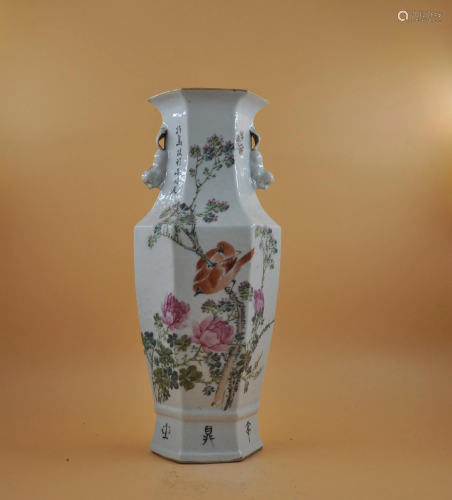 Six square vase with flowers and birds