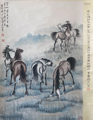 A Chinese Painting of Horses Group Signed Xu Beihong