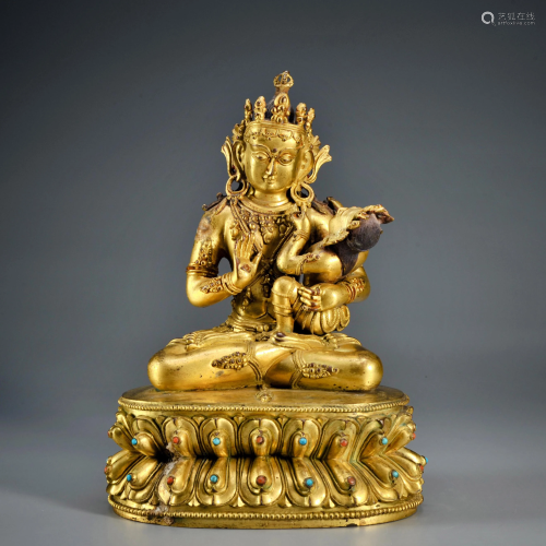 A Hardstones Inlaid Gilt-bronze Seated Bodhisattva Qing