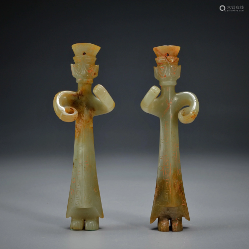 Pair Pale Celadon and Russet Jade Figures