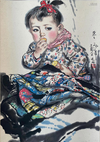 A Chinese Painting of Kid Signed Liu Wenxi