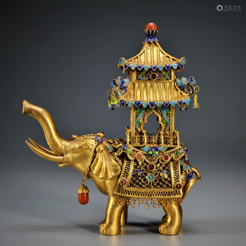 A Silver Gilt Elephant with Pagoda Qing Dynasty