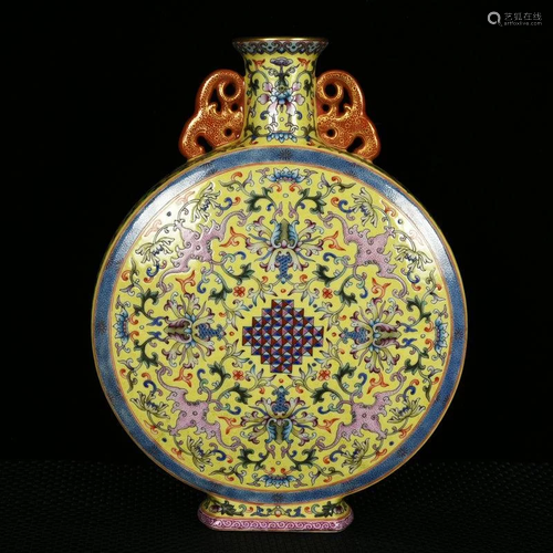 A double-eared flat vase with enamel painted gold and