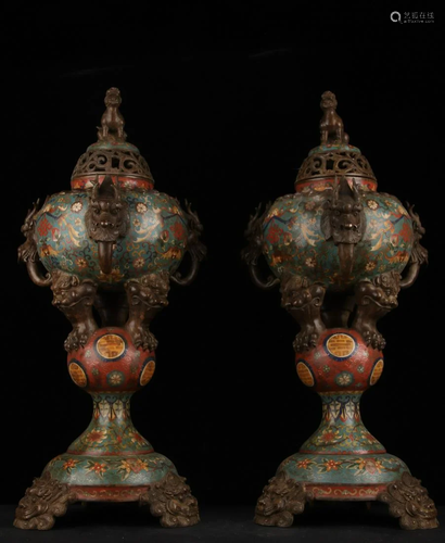 A pair of oversized cloisonnÃ© blessing and longevity