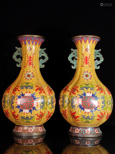 A pair of thick copper filigree cloisonne vases