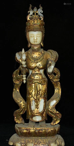 Fine, unique natural Hetian white jade gilt statue of