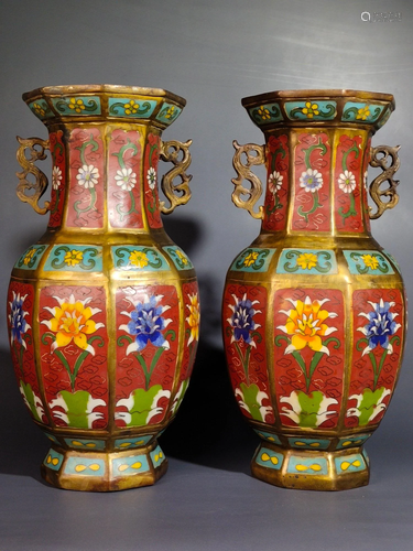 A pair of pure copper cloisonne vasesSingle height 25.5